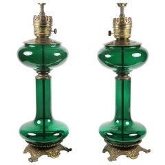 Antique PAIR OF GREEN GLASS TABLE LAMPS