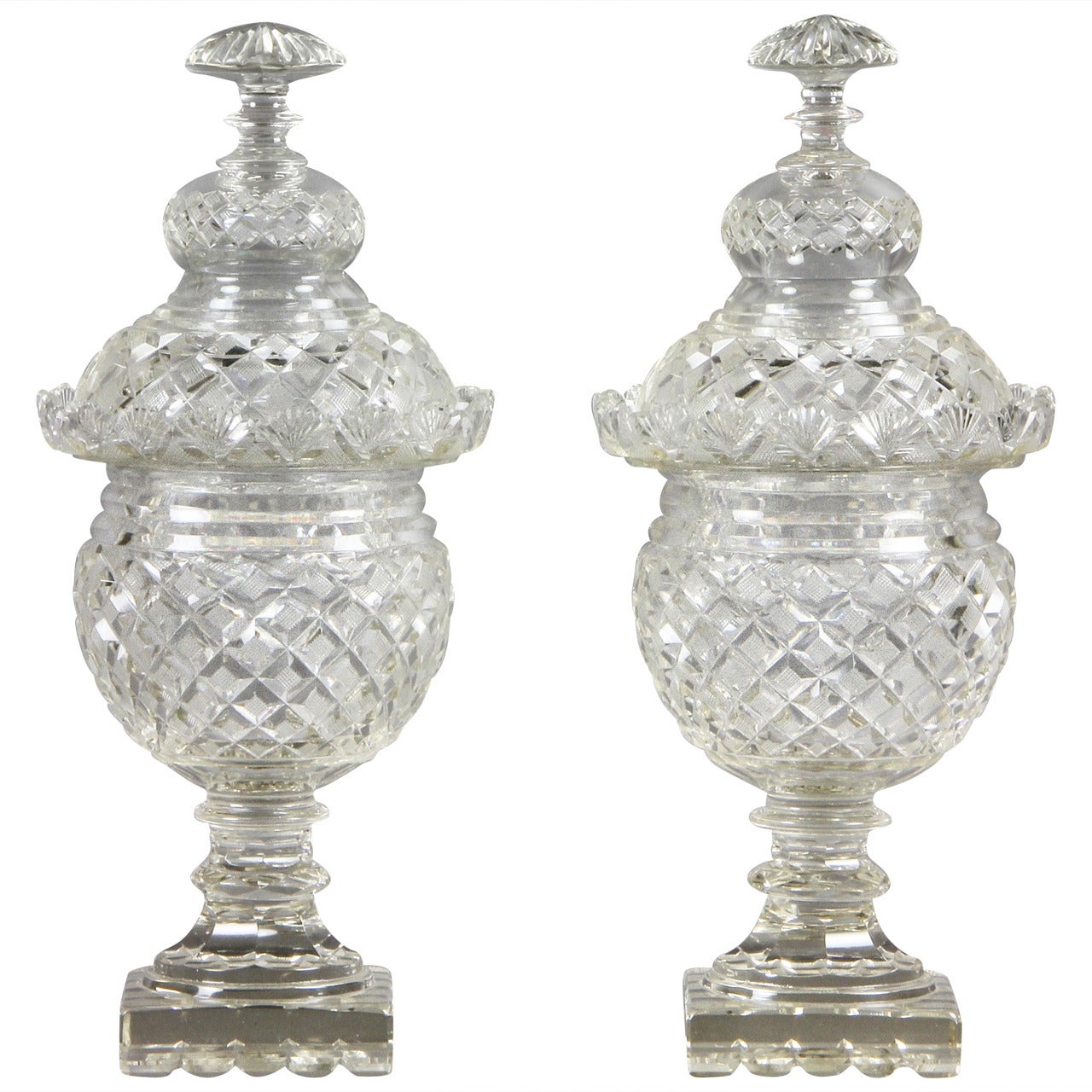 Pair Of Anglo Irish Cut Glass Covered Jars