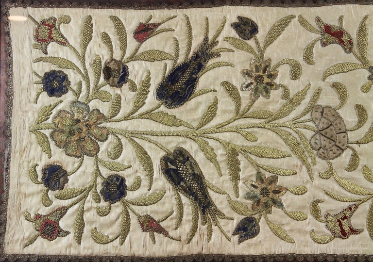 EARLY ENGLISH SILK AND GOLD EMBROIDERED PANEL