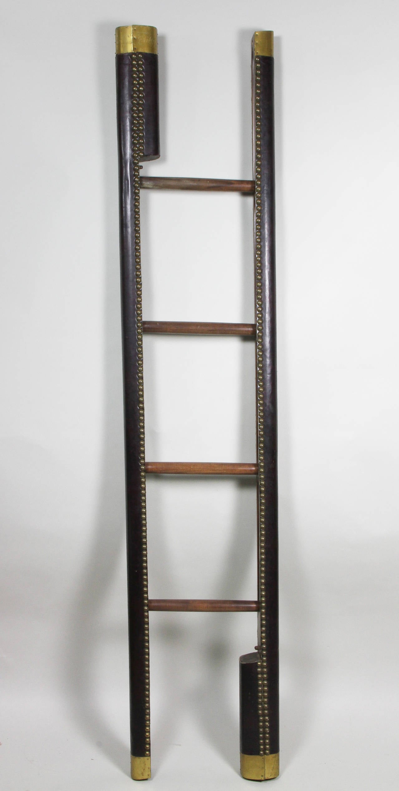 English Victorian Leather and Brass Studded Mahogany Folding Stick Ladder