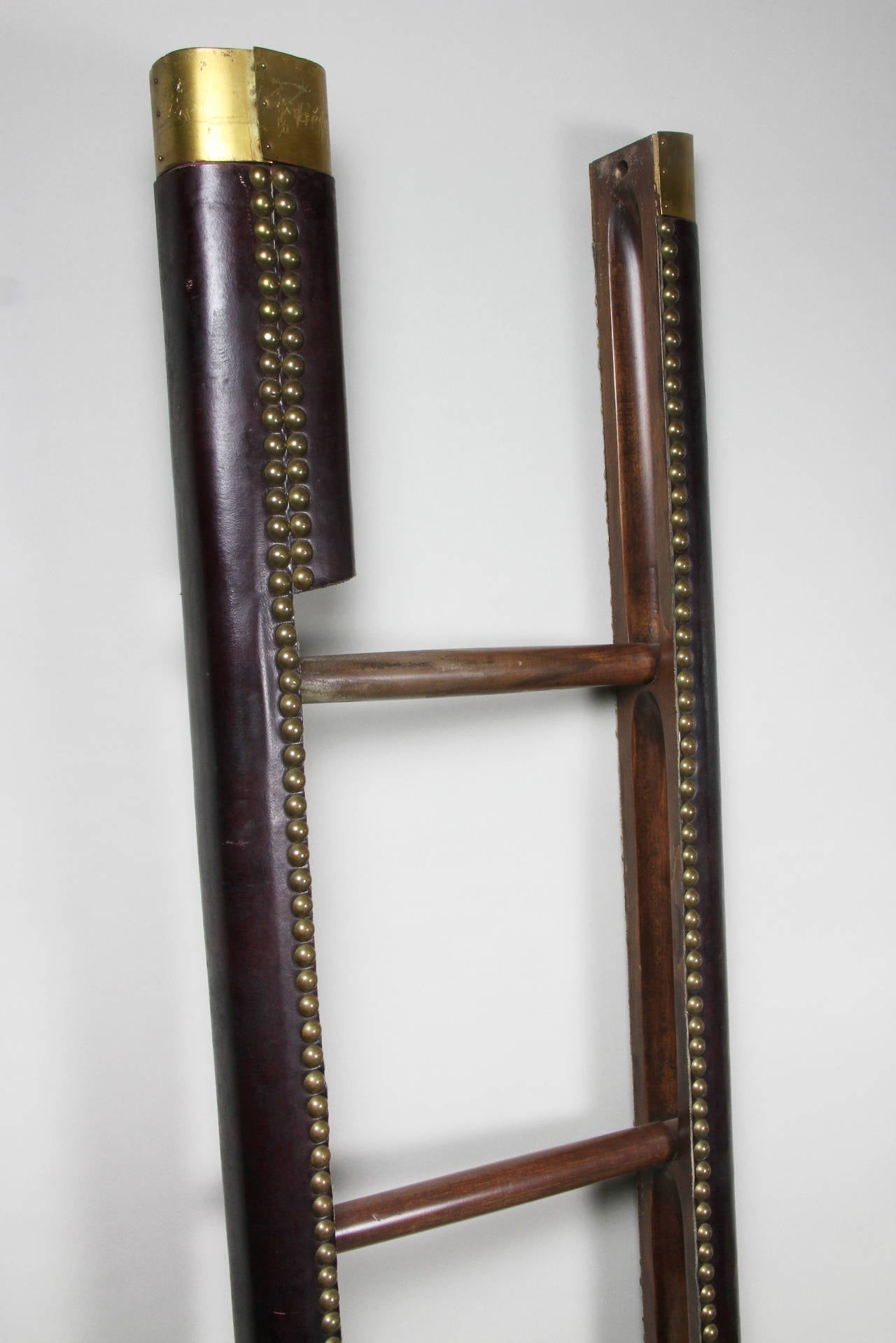 Victorian Leather and Brass Studded Mahogany Folding Stick Ladder In Excellent Condition In Essex, MA