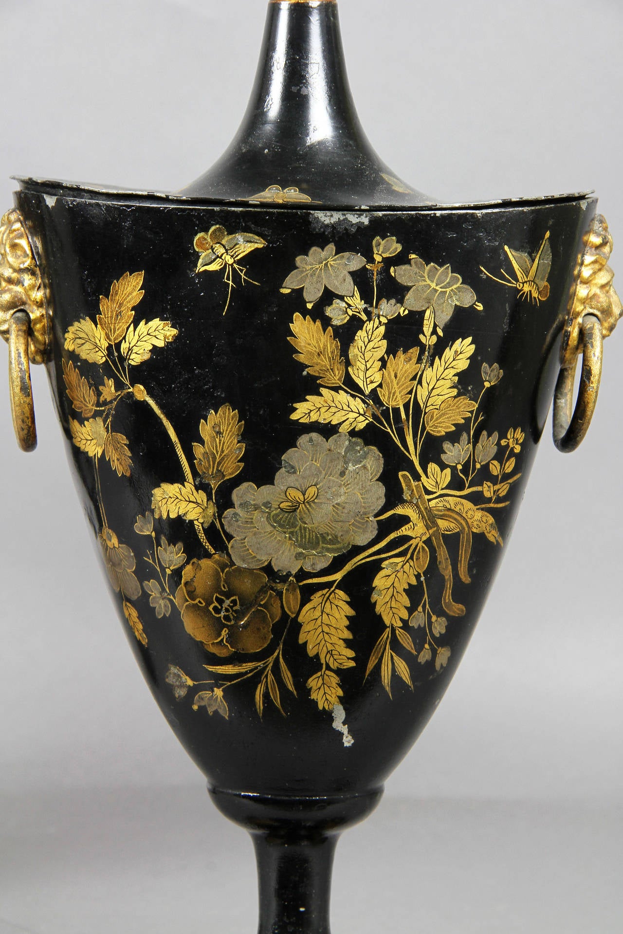 English Pair of Regency Tole Black Japanned and Gilded Chestnut Urns