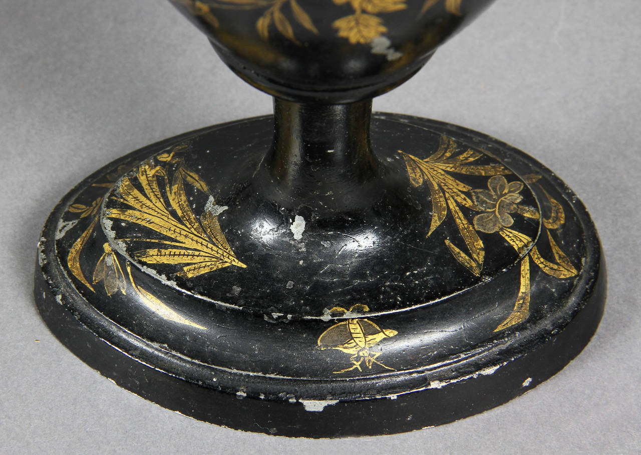 Pair of Regency Tole Black Japanned and Gilded Chestnut Urns In Good Condition In Essex, MA