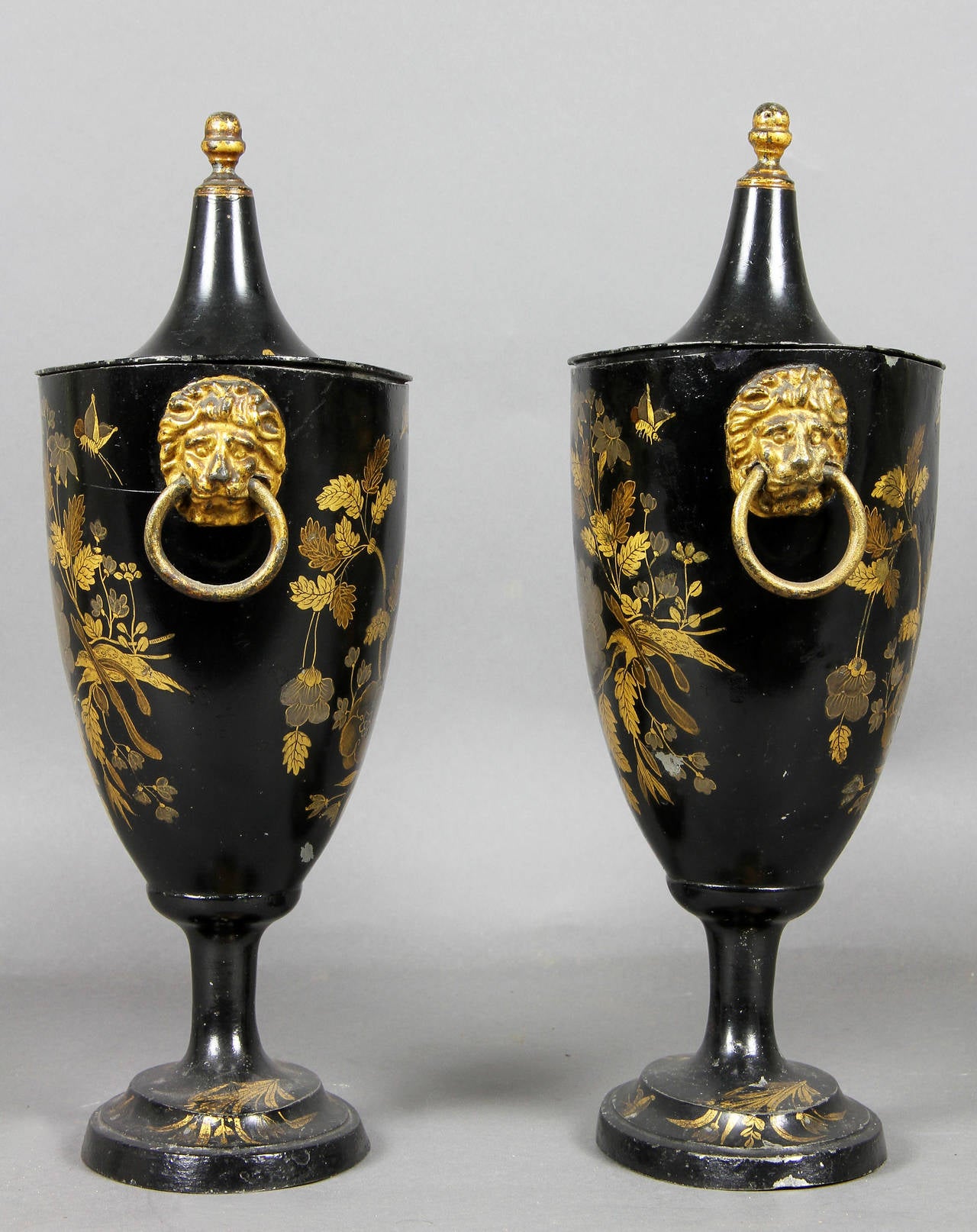 Early 19th Century Pair of Regency Tole Black Japanned and Gilded Chestnut Urns