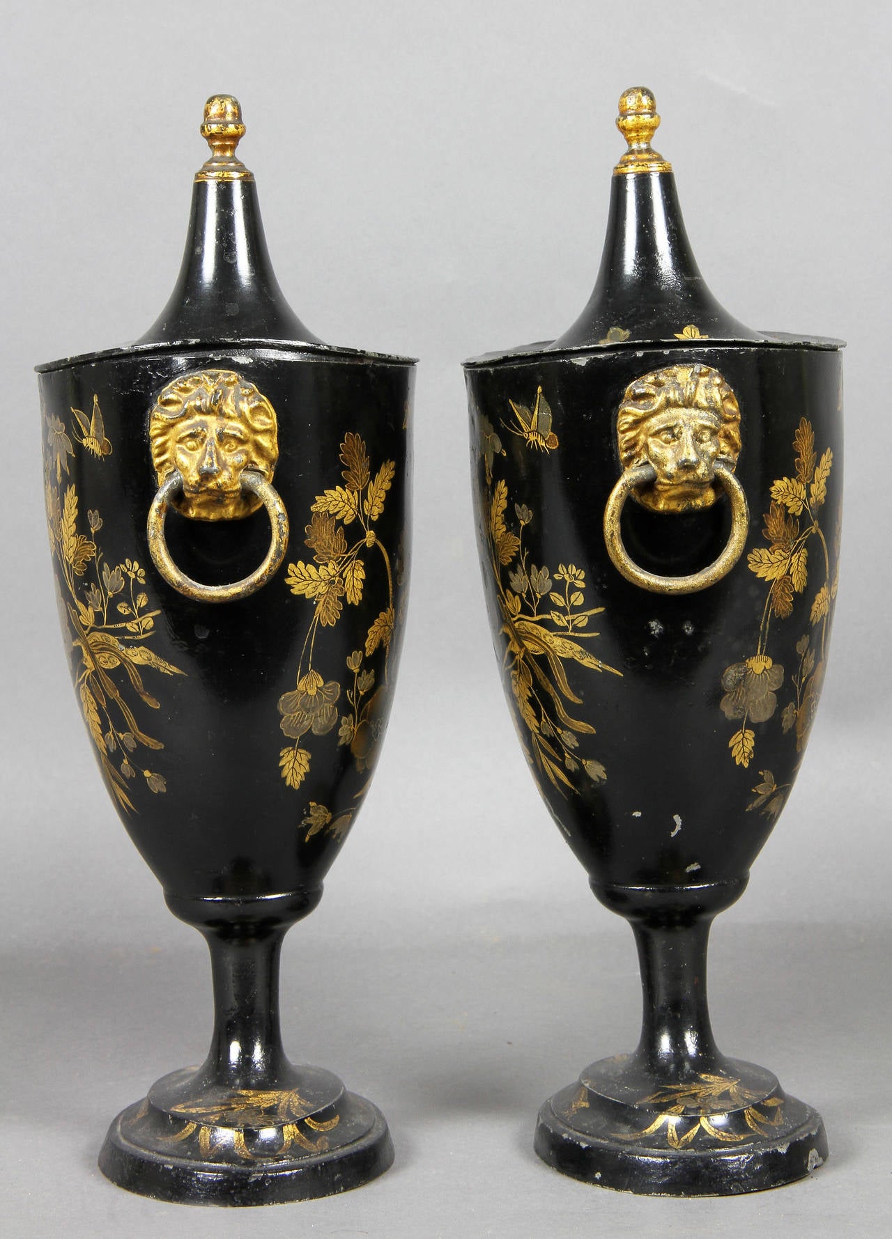 Pair of Regency Tole Black Japanned and Gilded Chestnut Urns 2