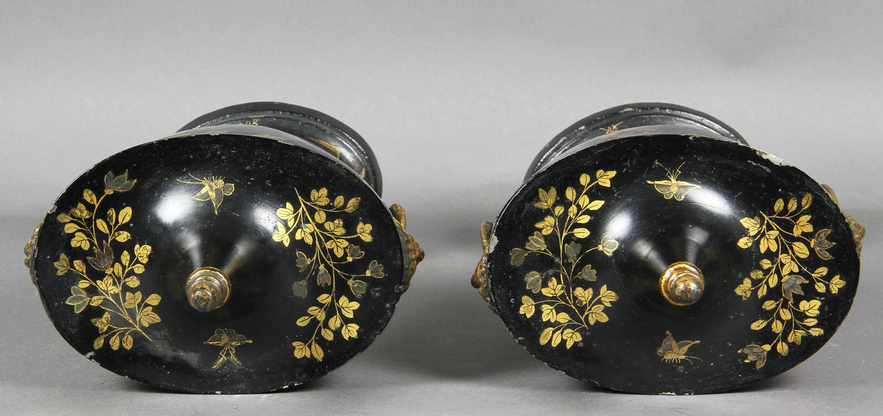 Pair of Regency Tole Black Japanned and Gilded Chestnut Urns 3
