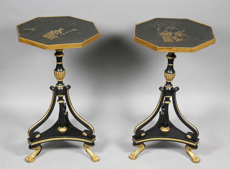 Octagonal top with chinoiserie decoration over a turned carved urn form support joined by a tripartite scrolled support and triangular base , paw feet. Originally pole screens.