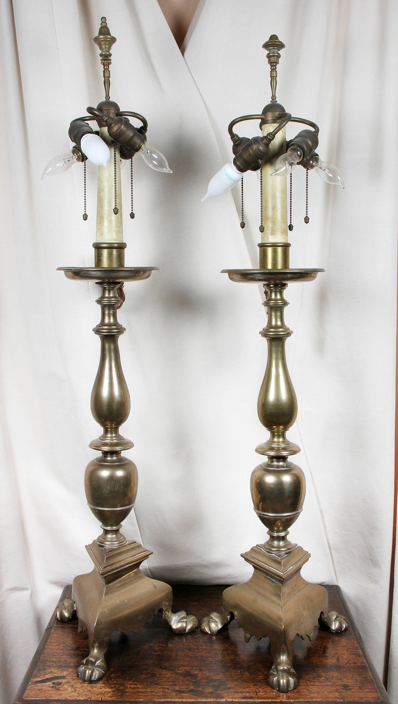 European Pair of Flemish Bell Metal Bronze Candlestick Lamps