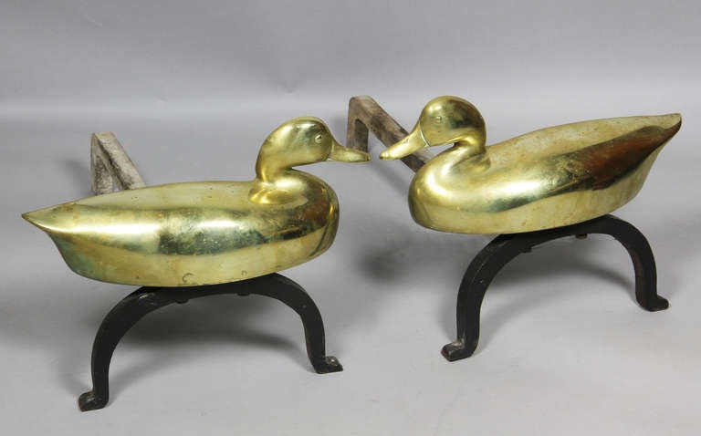 Pair Of Brass Duck Andirons