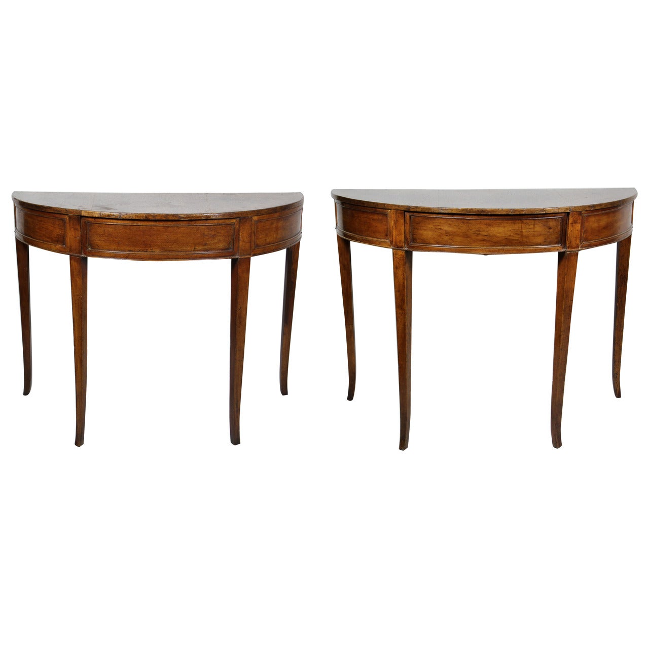 Pair of Italian Neoclassical Walnut Demilune Console Tables