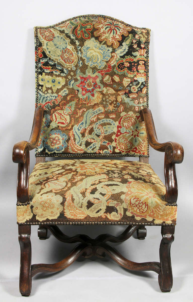 French Flemish Baroque Walnut and Needlepoint Armchair