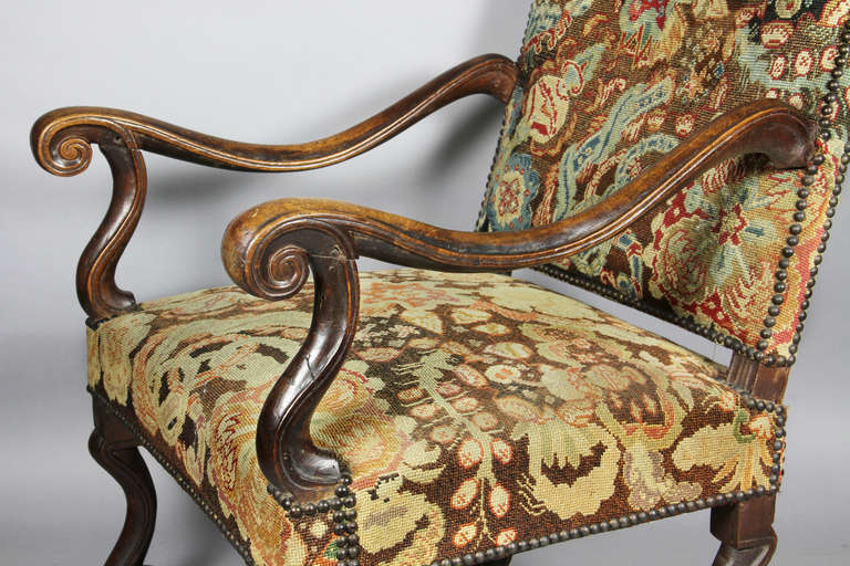 Flemish Baroque Walnut and Needlepoint Armchair In Good Condition In Essex, MA