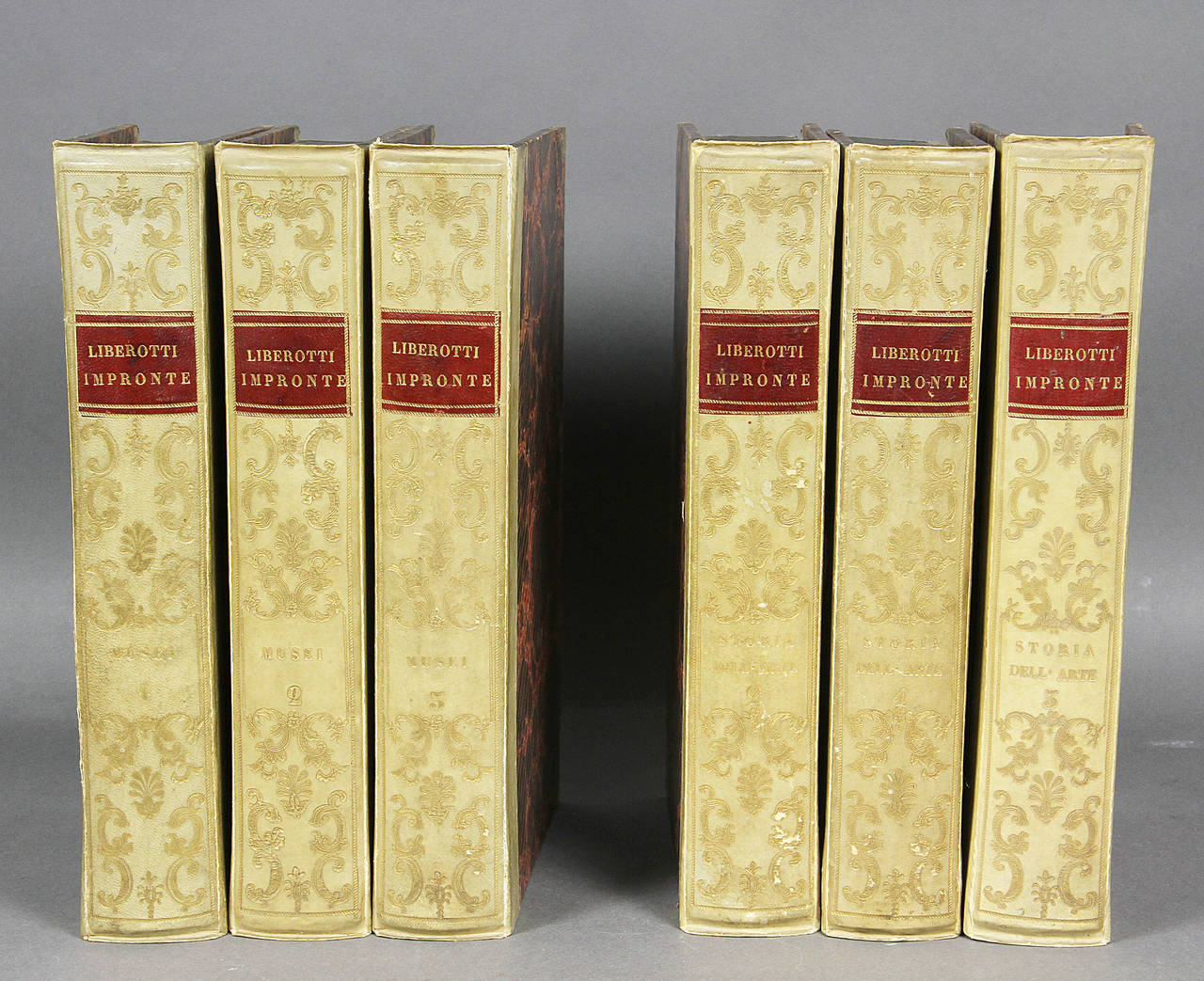 All in book form, one set of six titled Musei, set of three Storia Dell ' Arte. Vellum spines with marbles boards, hand written titles inside each volume.