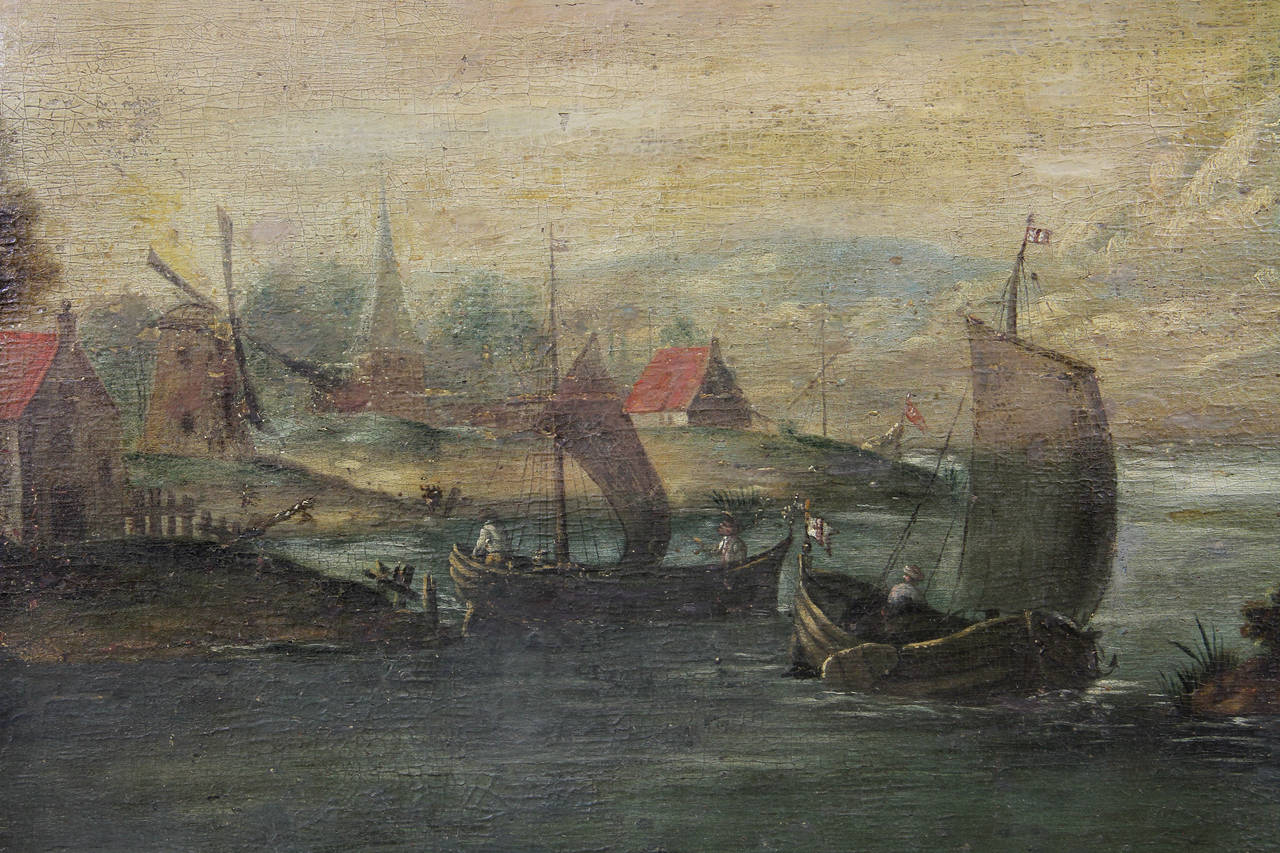 Depicting a boat or barge filled with people in a harbor setting with buildings. Indistinctly signed.