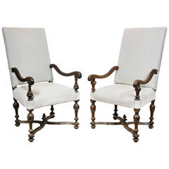 Matched Pair of Italian Baroque Walnut Armchairs