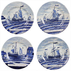 Set of Four Delft Plates Depicting Fishing Boats