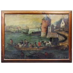 Flemish Oil on Canvas Painting of a Boat in Harbor