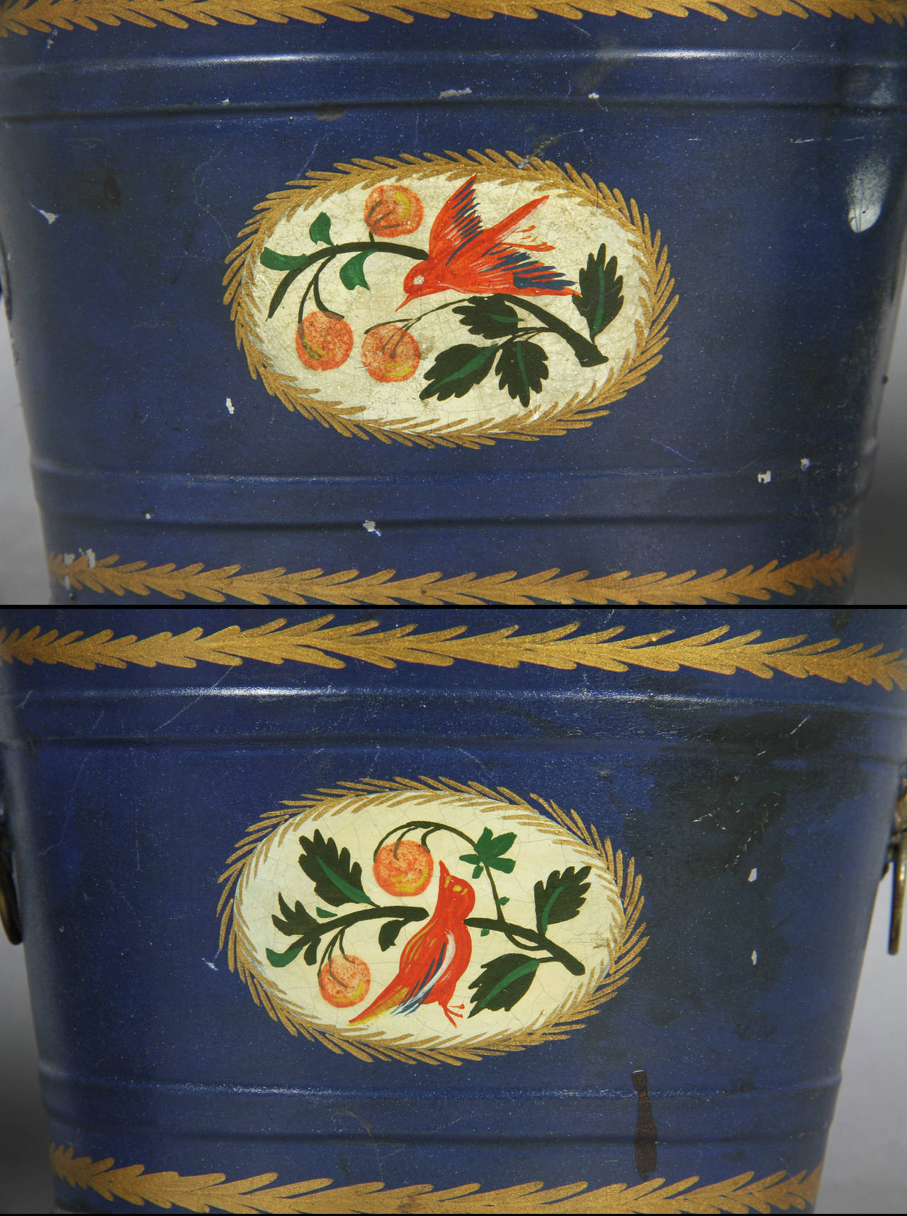 Pair of Swedish Tole Peinte Covered Barrels In Good Condition In Essex, MA
