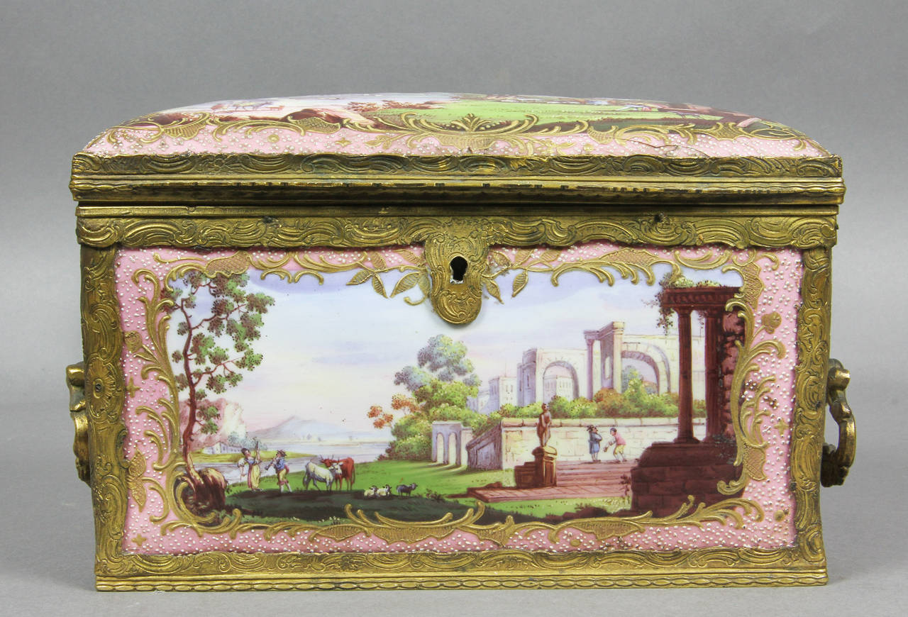 Rectangular with domed hinged lid opening to a later velvet lined interior, ormolu mounted, the case section with neoclassic scenes.