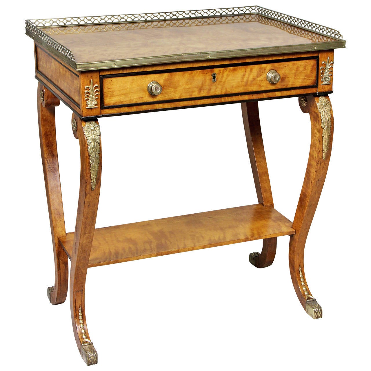 Regency satinwood and bronze mounted small writing table for sale