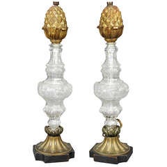 Antique Pair Of French Glass And Bronze Table Lamps