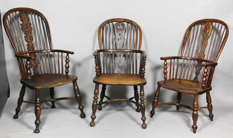 Set Of Assorted Regency Yew Wood Windsor Armchairs In Good Condition In Essex, MA