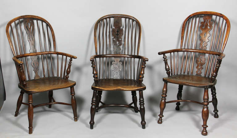 British Set Of Assorted Regency Yew Wood Windsor Armchairs