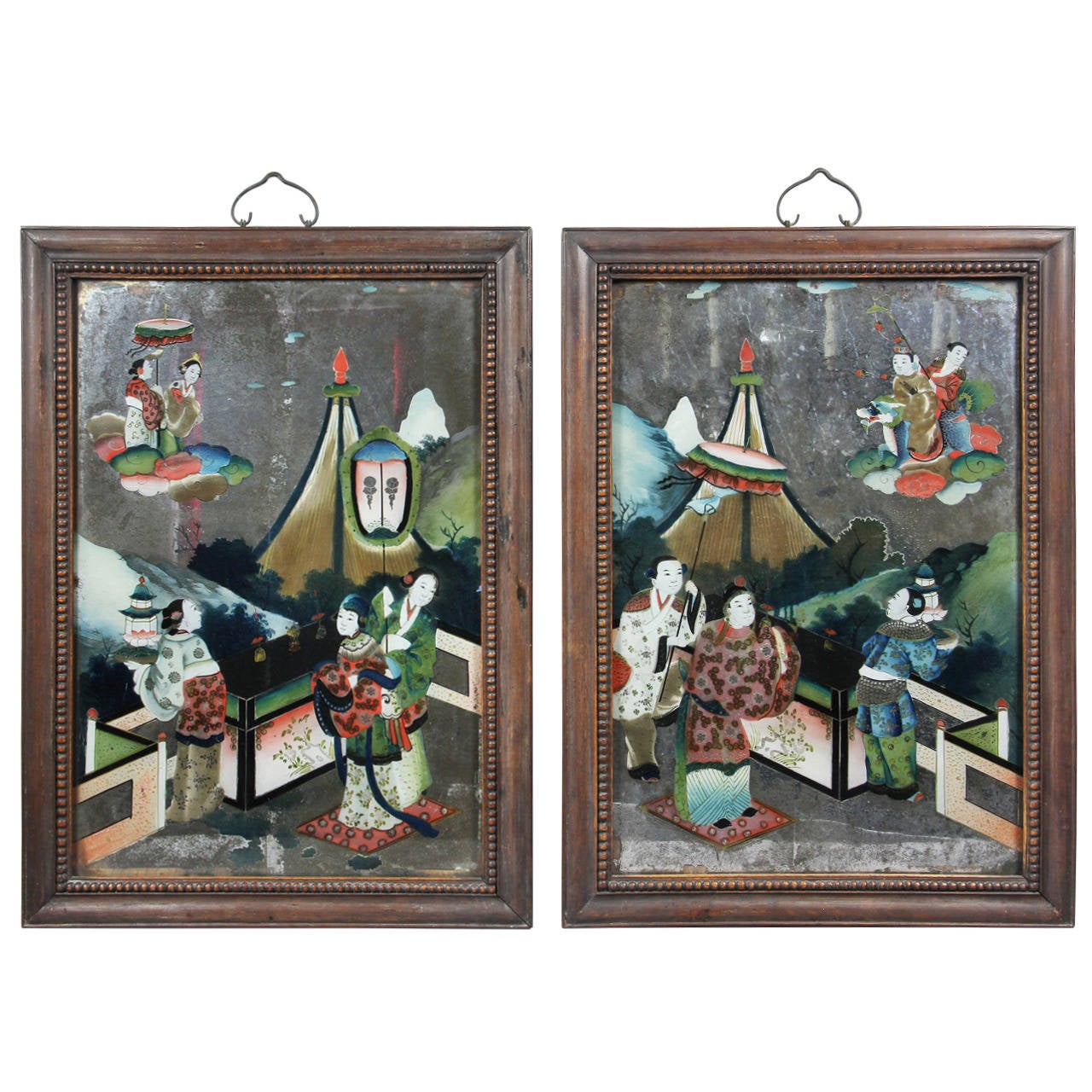 Pair of Chinese Export Reverse Paintings on Glass at 1stDibs