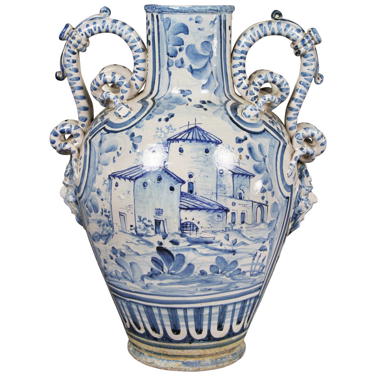 Large Italian Majolica Blue and White Vase at 1stdibs
