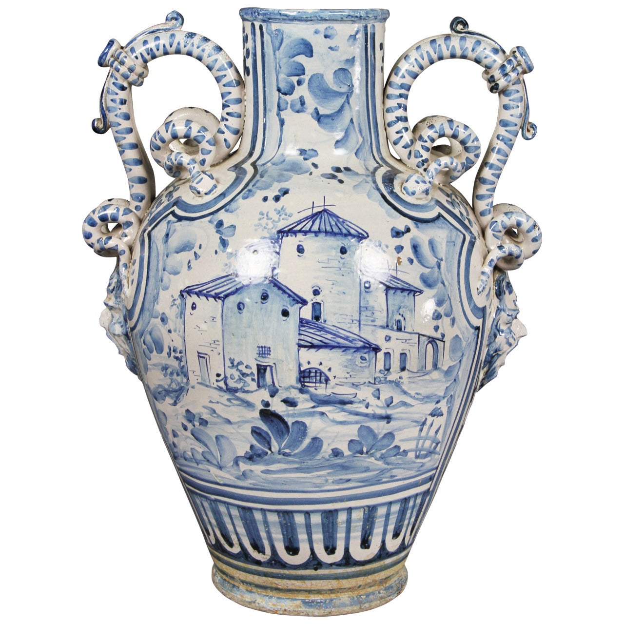 Large Italian Majolica Blue and White Vase