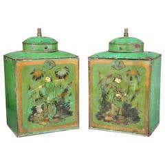 Antique Pair of Victorian Green Tole Tea Cannister Lamps