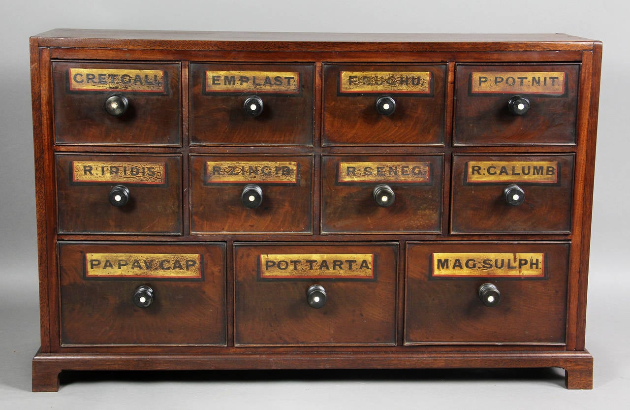 Eleven doors each with a painted title, ebony and ivory knobs, in a mahogany dovetailed case.  