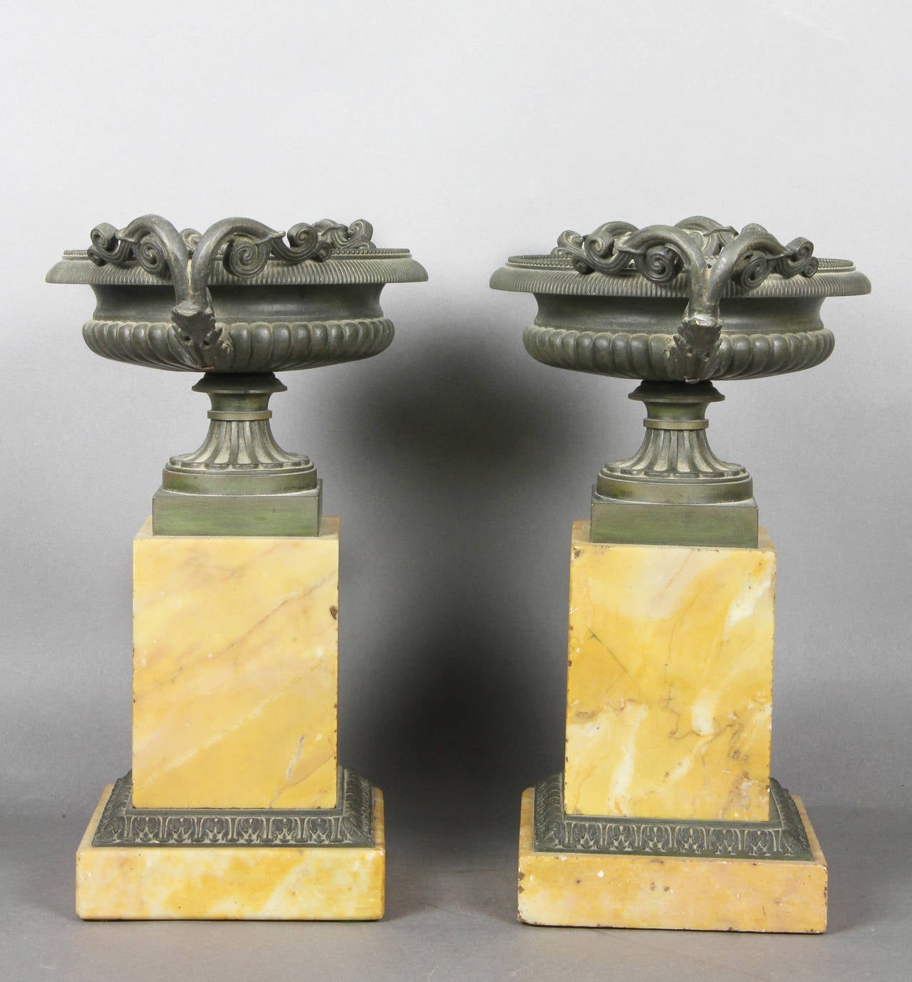 Early 19th Century Pair of Italian Neoclassic Bronze and Sienna Marble Compotes or Tazzas