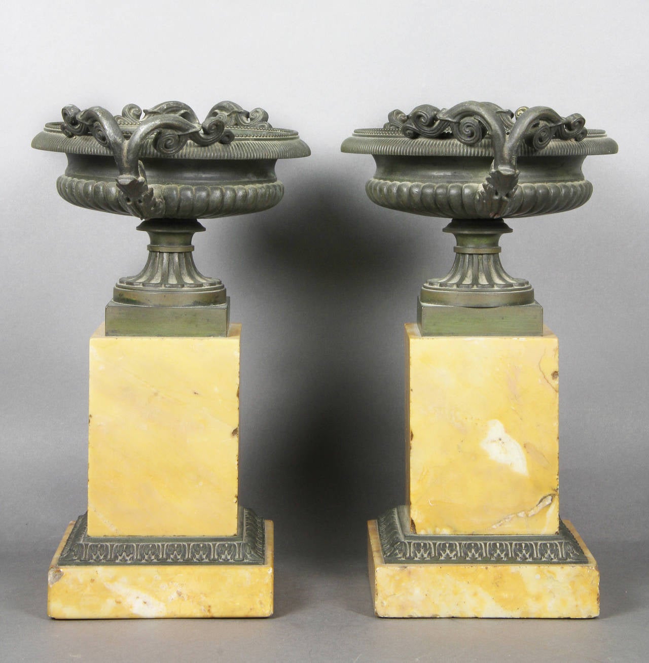 Pair of Italian Neoclassic Bronze and Sienna Marble Compotes or Tazzas 2