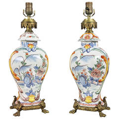 Pair of Delft Pottery and Bronze-Mounted Table Lamps