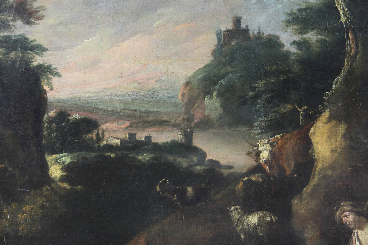 Depicting shepherds in hilly landscape with oxen , sheep and goats . Later surnamed Rosa di Tivoli was active painting near and in Rome from 1677 on.