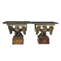 Pair Of George II Style Giltwood And Faux Agate Eagle Console Tables