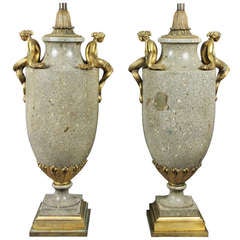 Antique Pair Of Empire Rhyolite Porphyry And Ormolu Mounted Urns