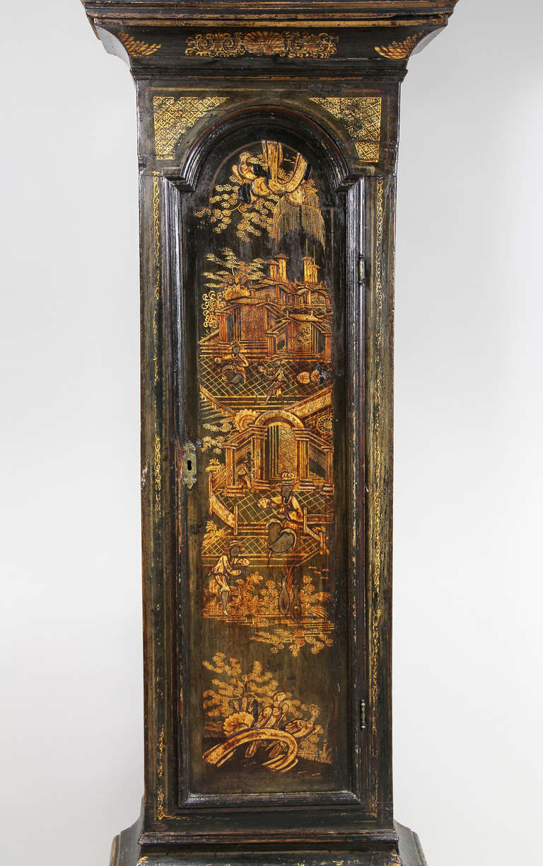 George III Green Japanned Tall Case Clock In Good Condition For Sale In Essex, MA