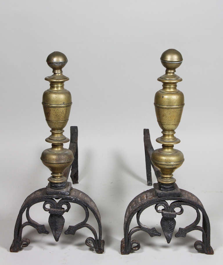 Pair of Italian Baroque Wrought Iron and Bronze Andirons In Good Condition In Essex, MA