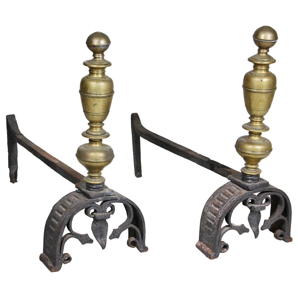 Pair of Italian Baroque Wrought Iron and Bronze Andirons