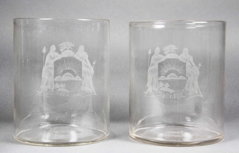19th Century Pair Of Etched Glass Wine Coolers Bearing The State Of New York Seal