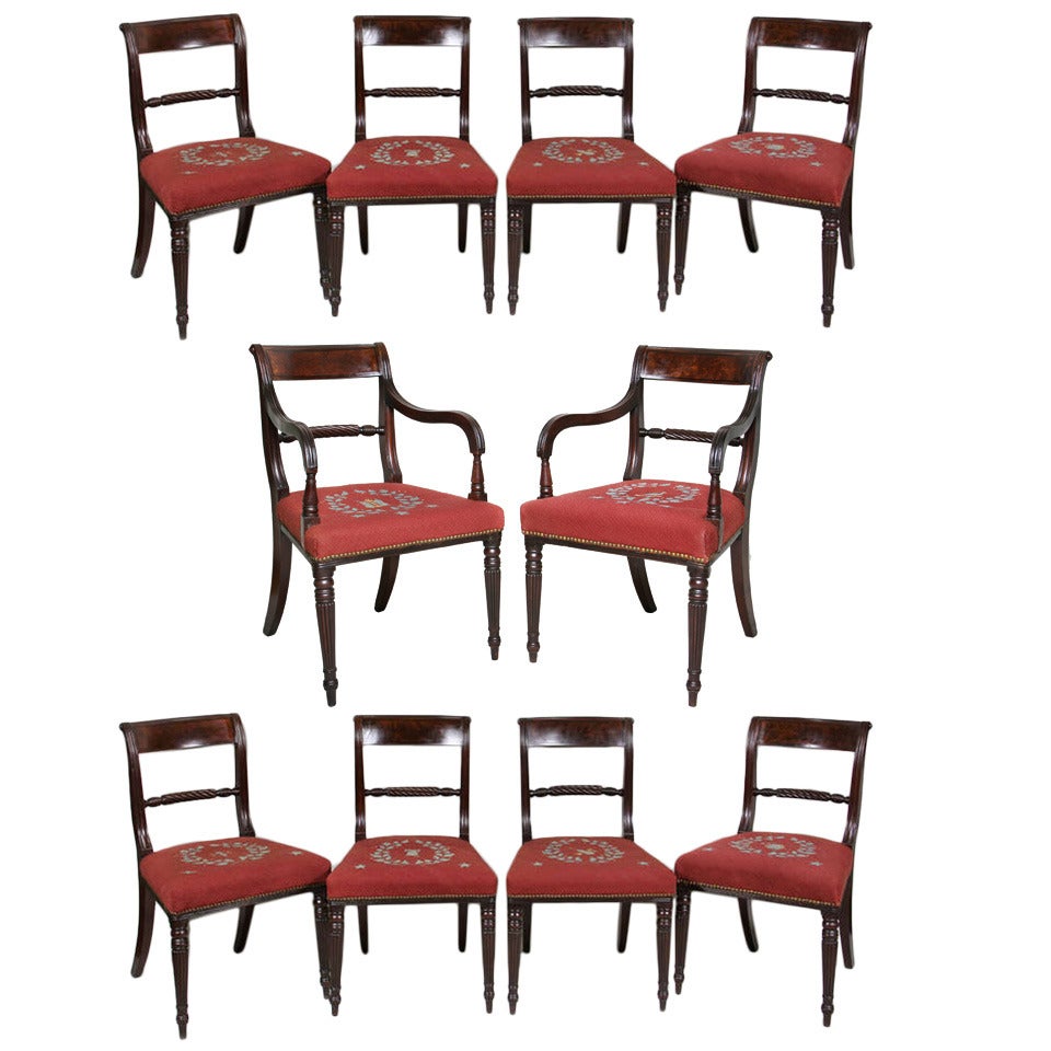 Set of Ten Regency Mahogany and Ebony Inlaid Dining Chairs