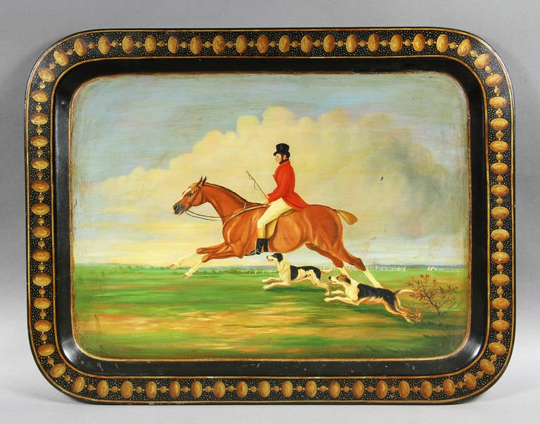 Rectangular with gilded highlighted border and central painted scene of man on horseback with dogs. Signed Jennins And Bettridge