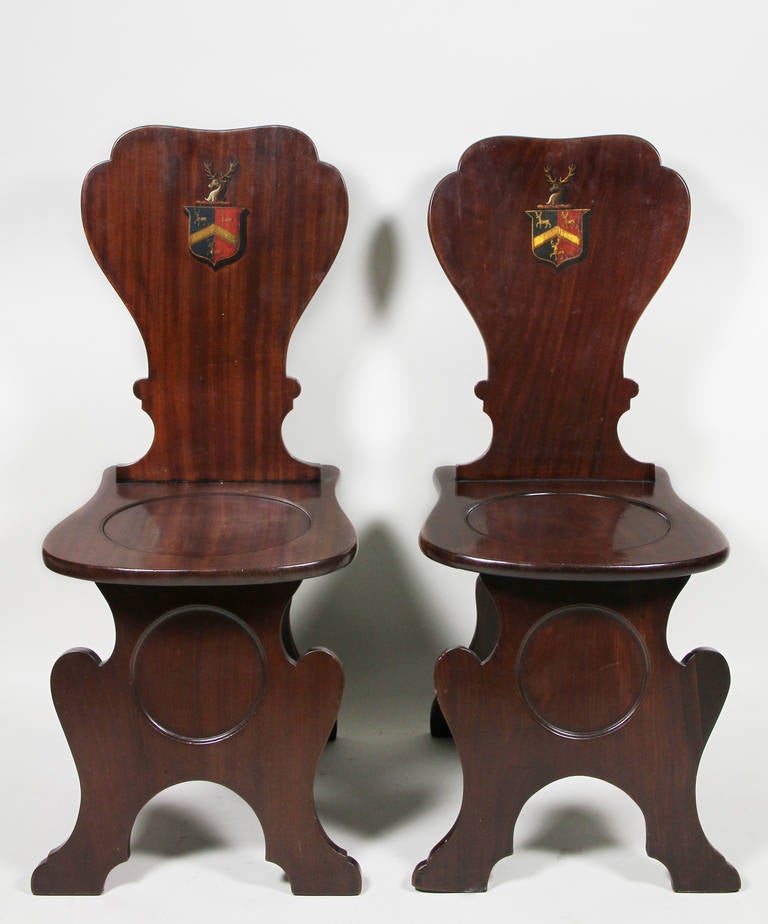 British Pair Of Regency Mahogany Armorial Hall Chairs