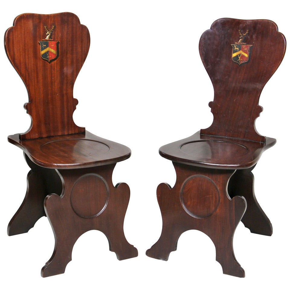 Pair Of Regency Mahogany Armorial Hall Chairs