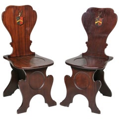 Antique Pair Of Regency Mahogany Armorial Hall Chairs