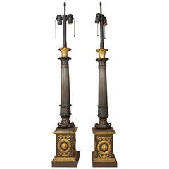 Pair of Large French Empire Ormolu and Patinated Bronze Lamps