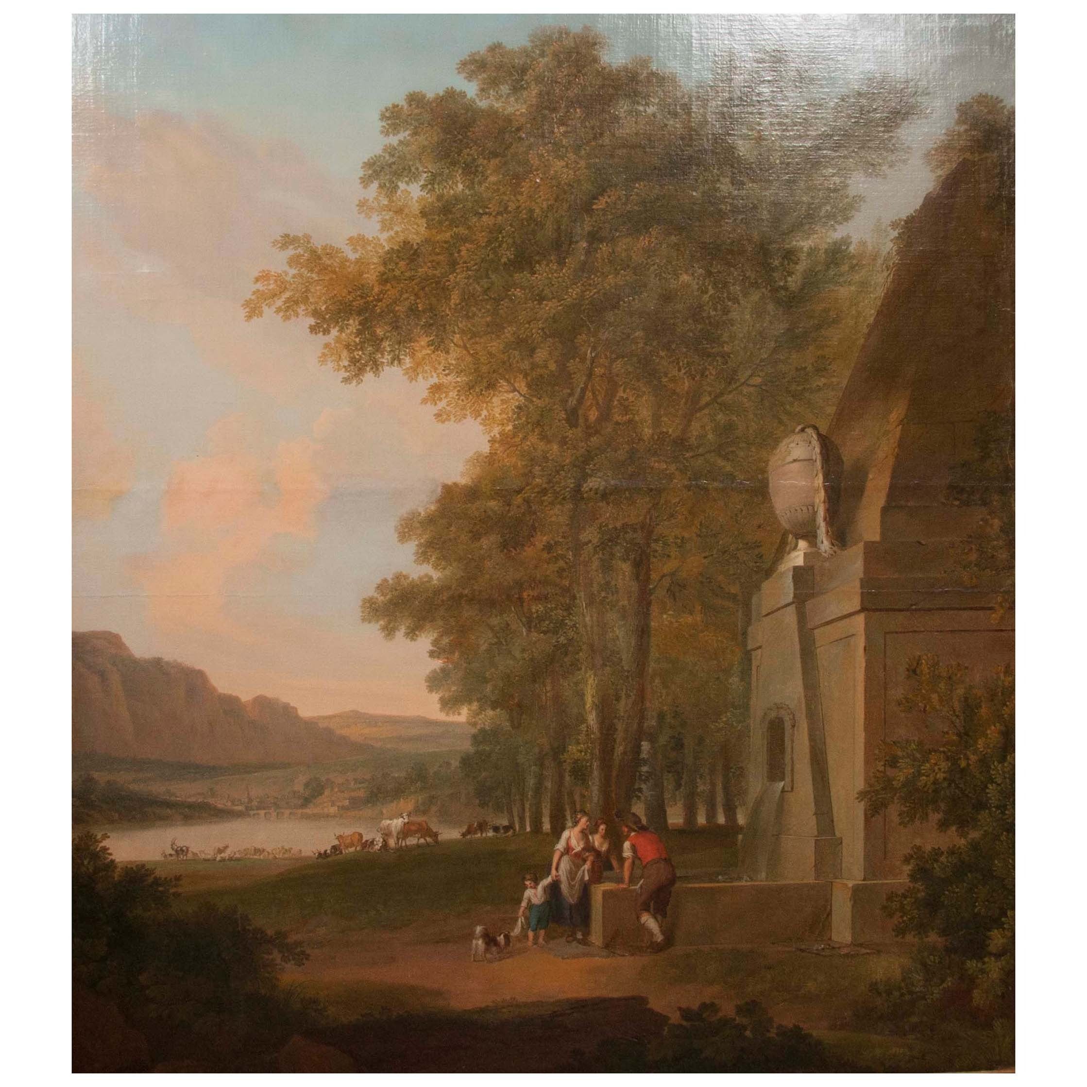 Monumentale olio su tela incorniciato Paesaggio pastorale