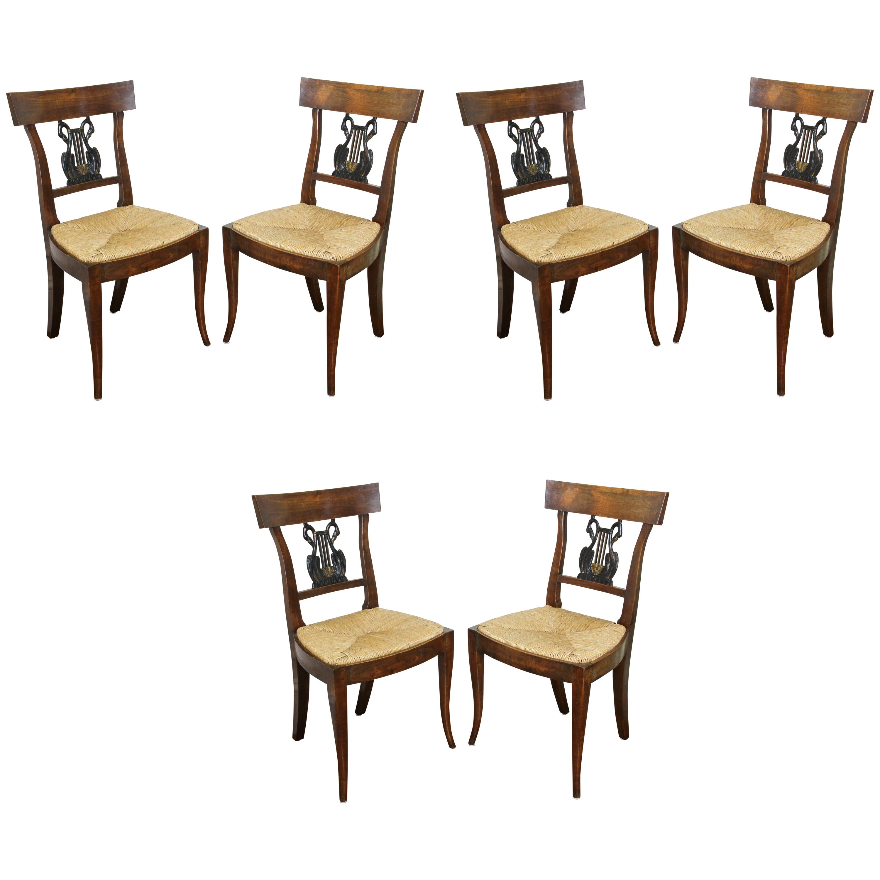 Set of Six Italian Neoclassic Walnut and Ebonized Dining Chairs